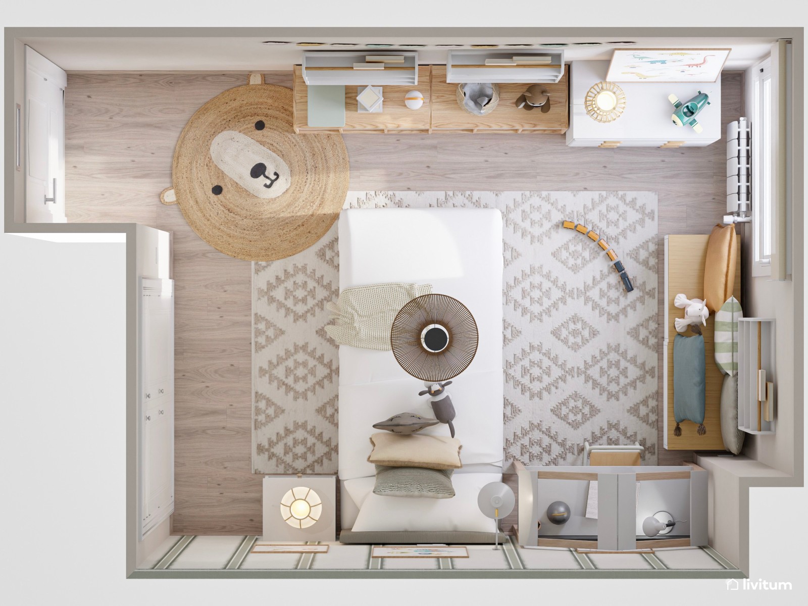 Habitación infantil con mucho almacenaje y un bonito escritorio