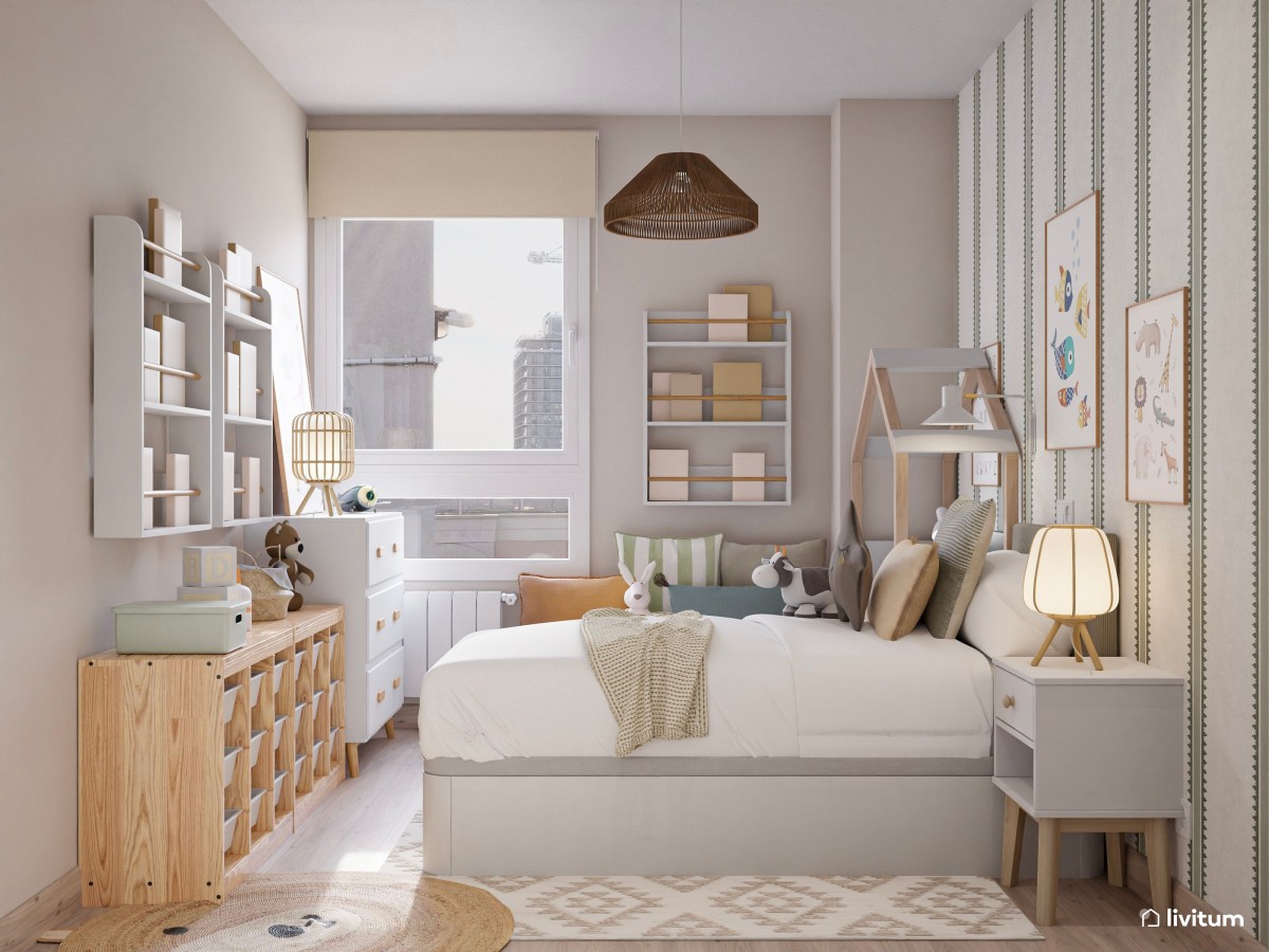 Habitación infantil con mucho almacenaje y un bonito escritorio