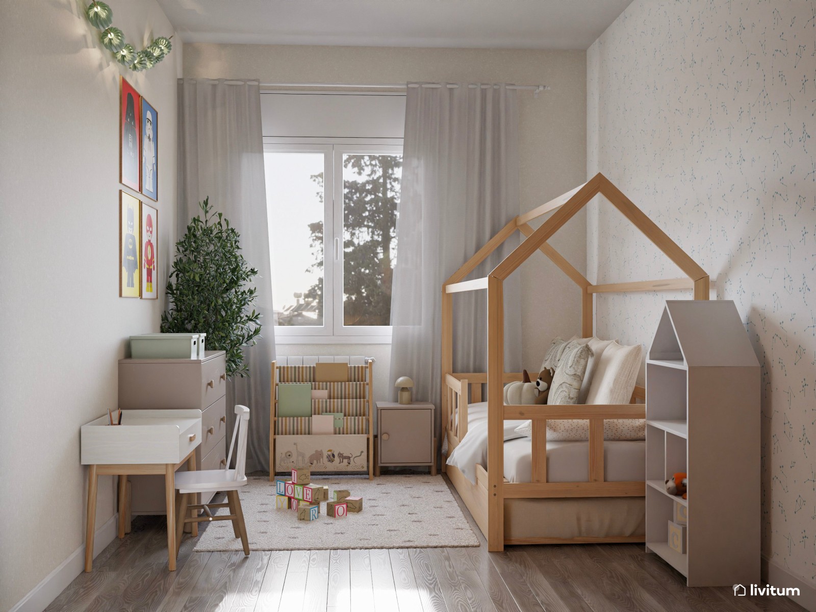 Habitación infantil con papel pintado y cama en forma de casita