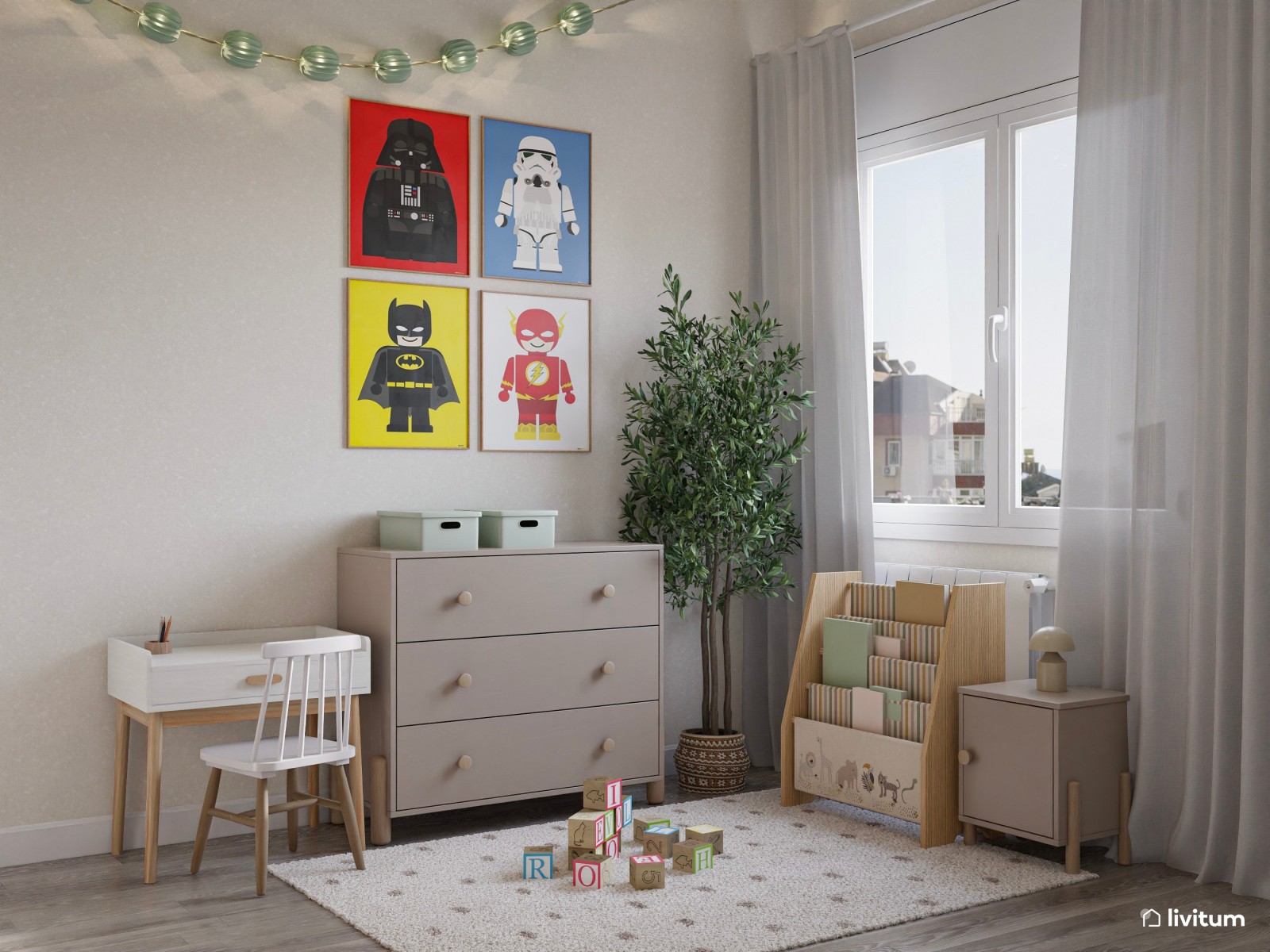 Habitación infantil con papel pintado y cama en forma de casita