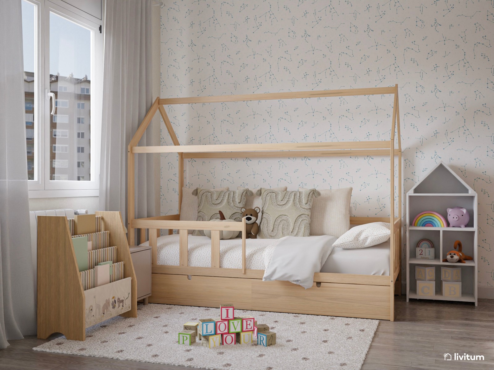 Habitación infantil con papel pintado y cama en forma de casita