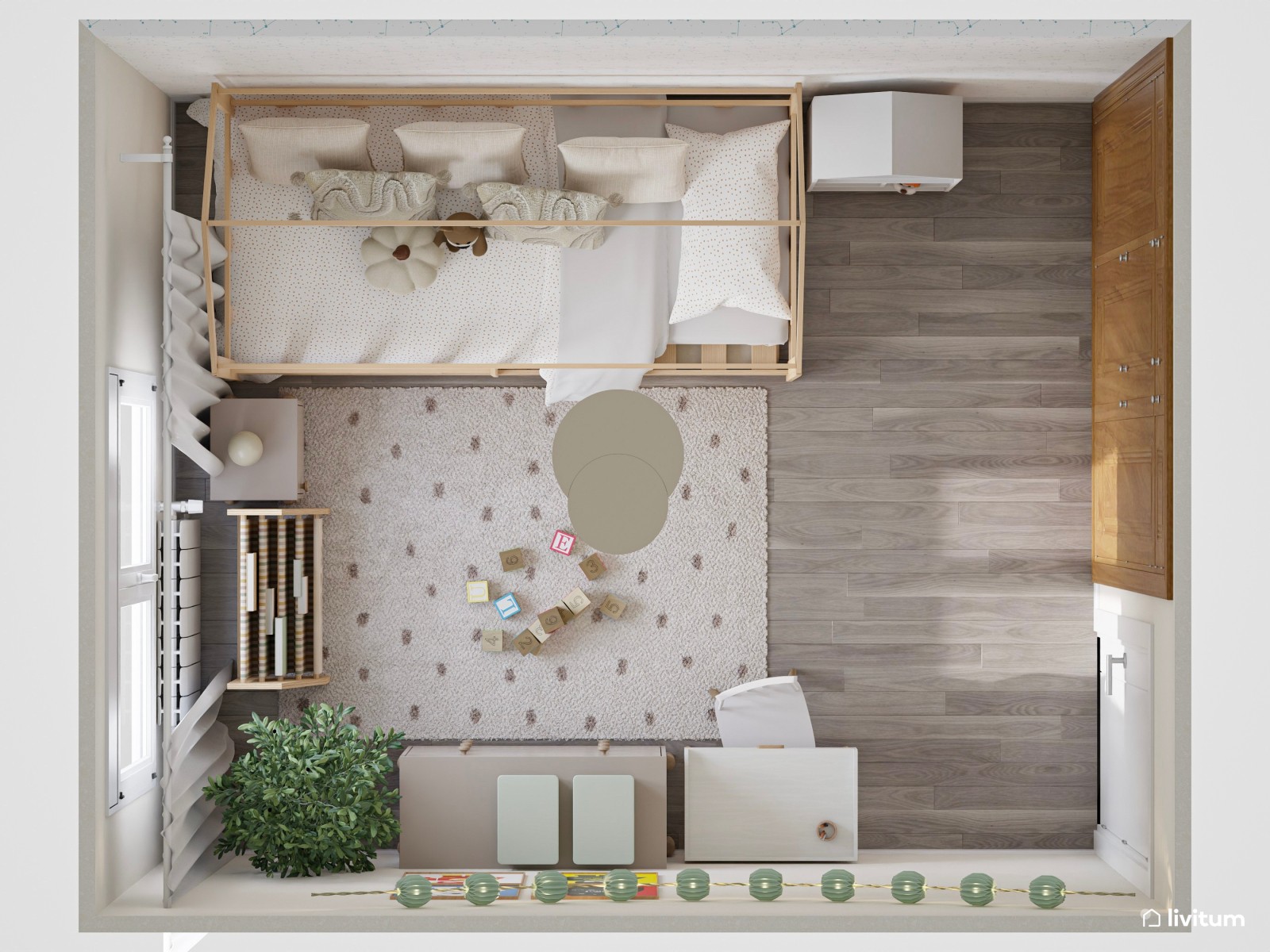 Habitación infantil con papel pintado y cama en forma de casita