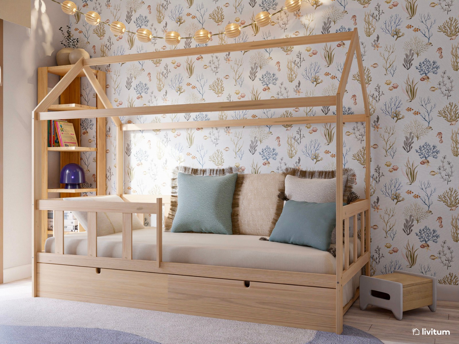 Habitación infantil con pared revestida en papel pintado