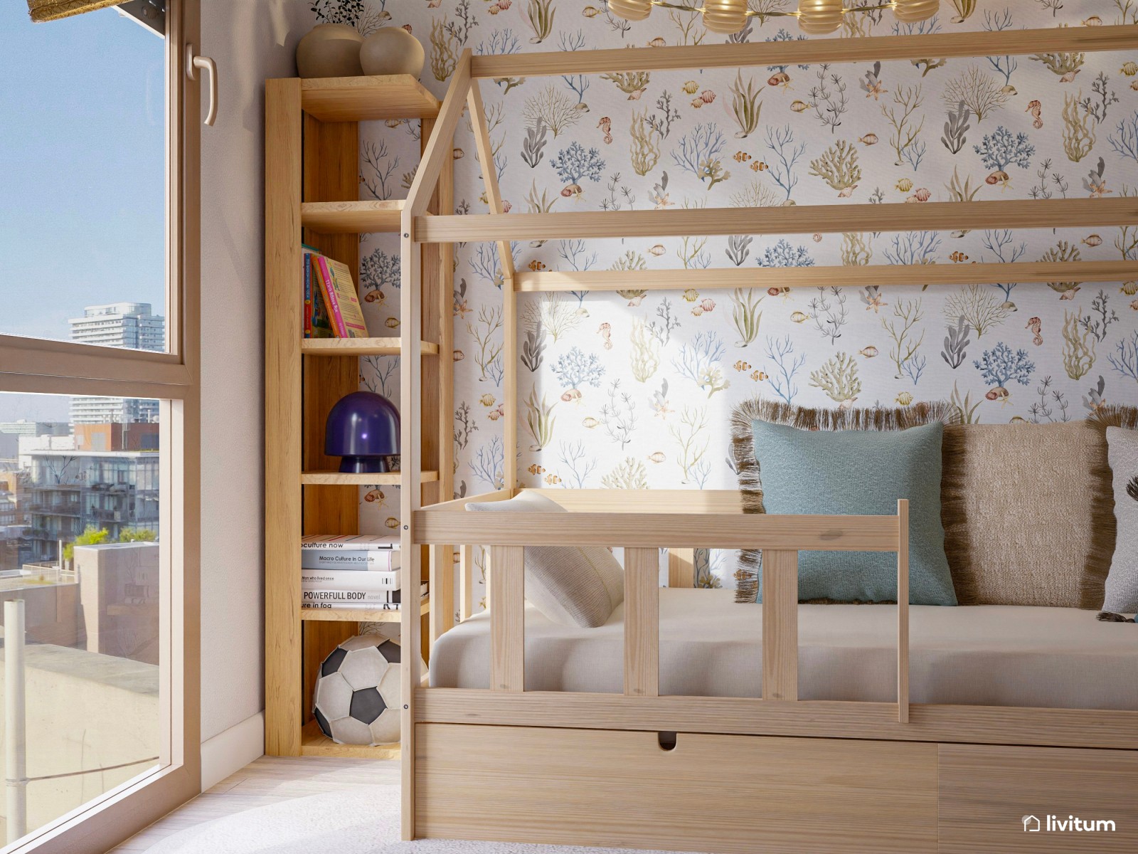 Habitación infantil con pared revestida en papel pintado