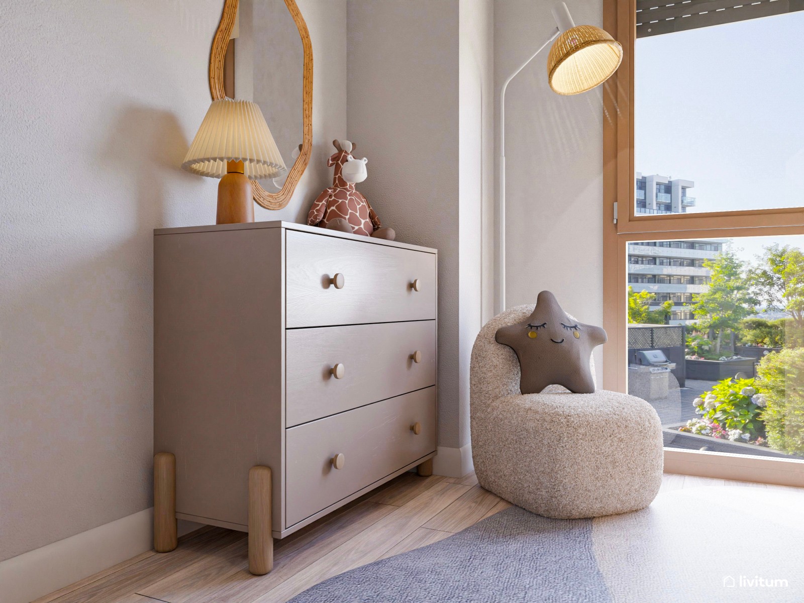 Habitación infantil con pared revestida en papel pintado