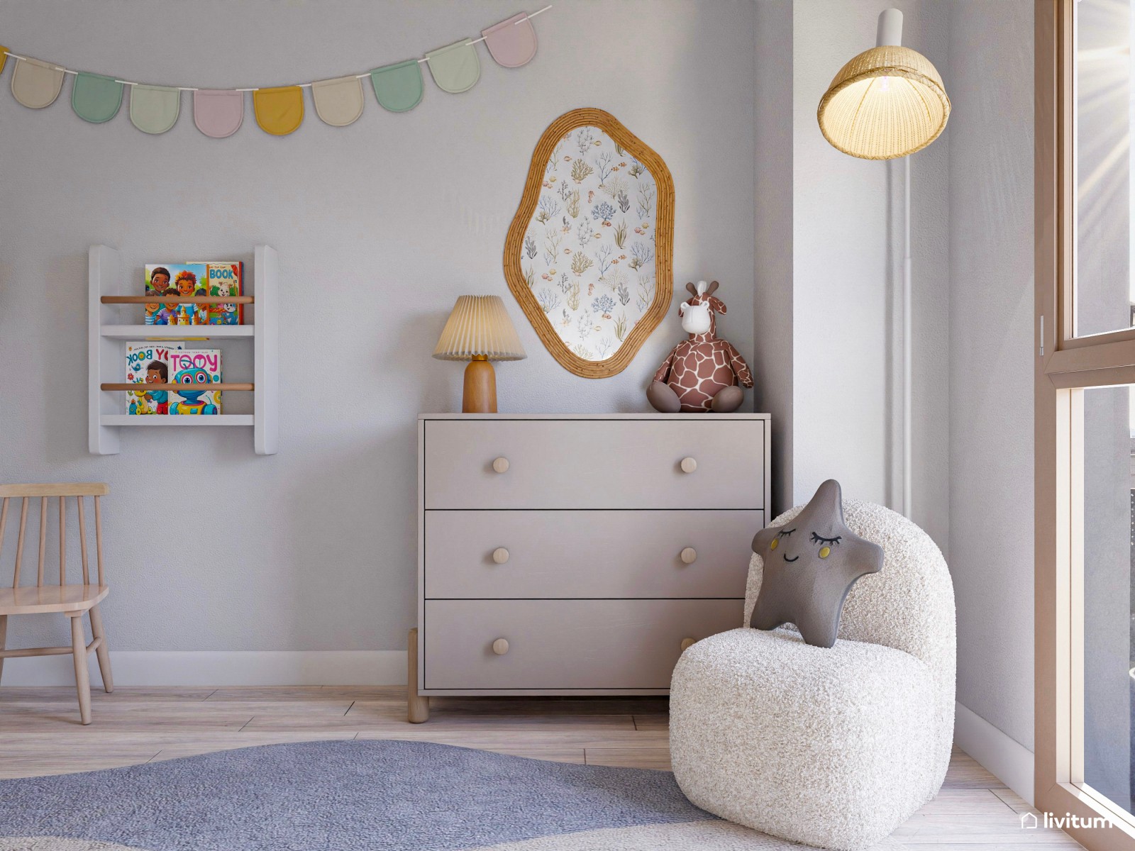 Habitación infantil con pared revestida en papel pintado