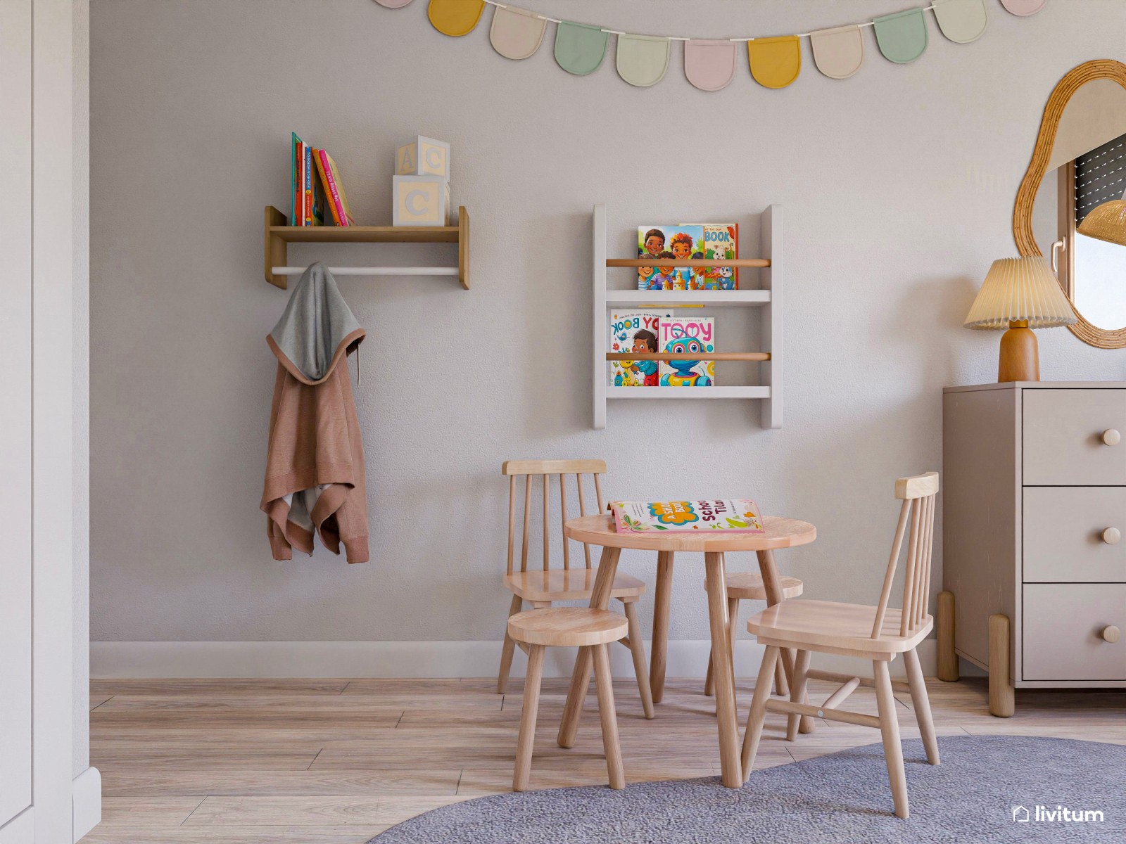 Habitación infantil con pared revestida en papel pintado