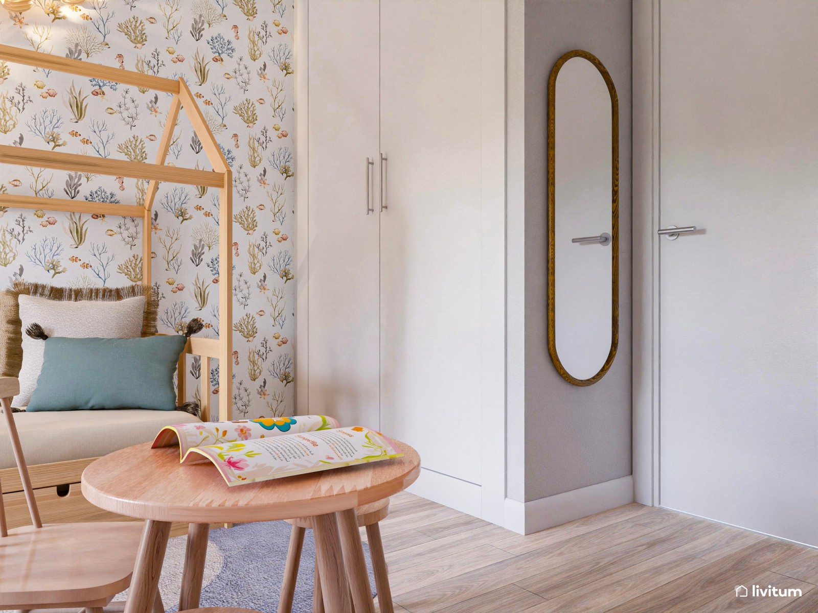 Habitación infantil con pared revestida en papel pintado