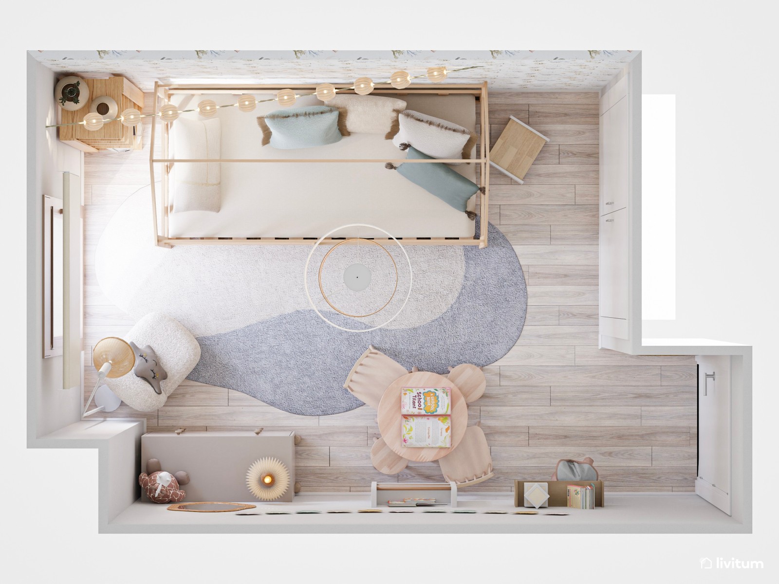 Habitación infantil con pared revestida en papel pintado