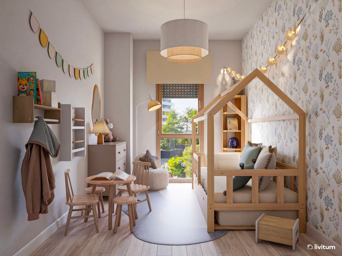 Habitación infantil con pared revestida en papel pintado