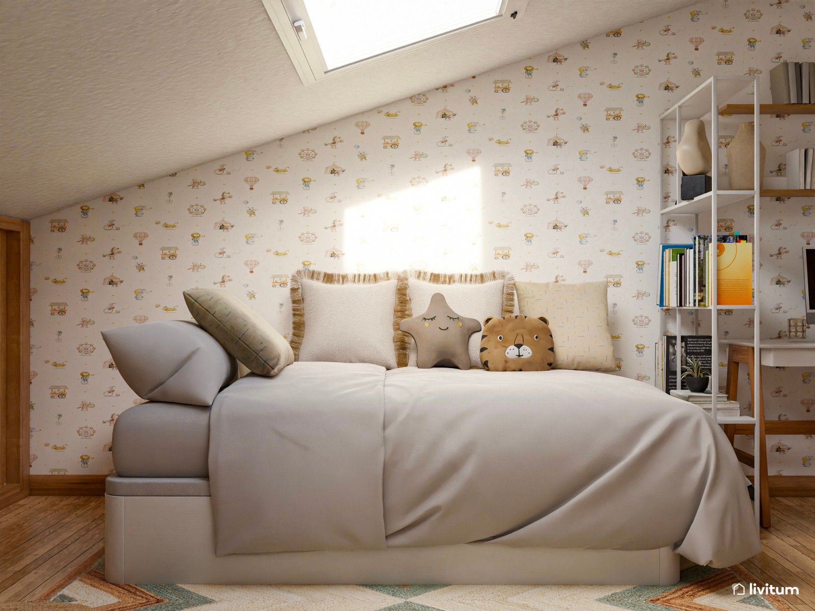 Habitación infantil con techo abuhardillado y zona de escritorio