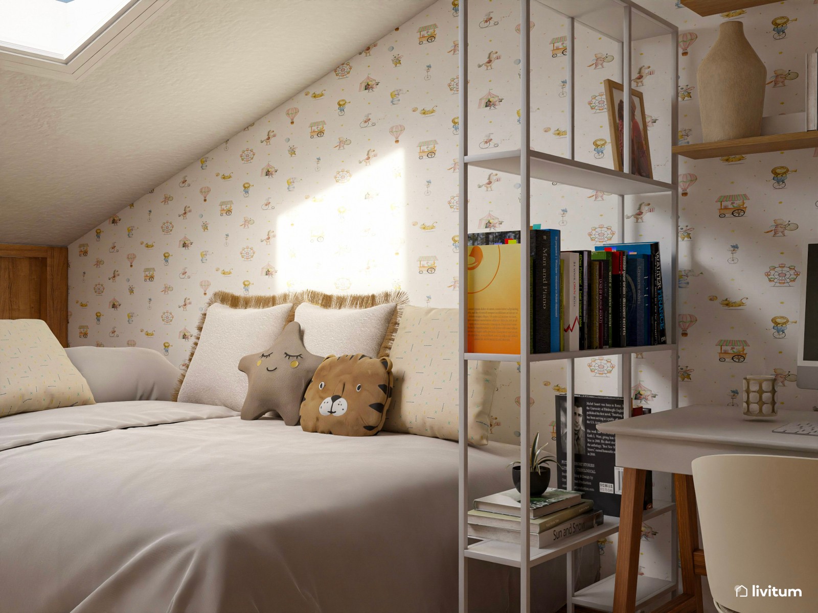 Habitación infantil con techo abuhardillado y zona de escritorio