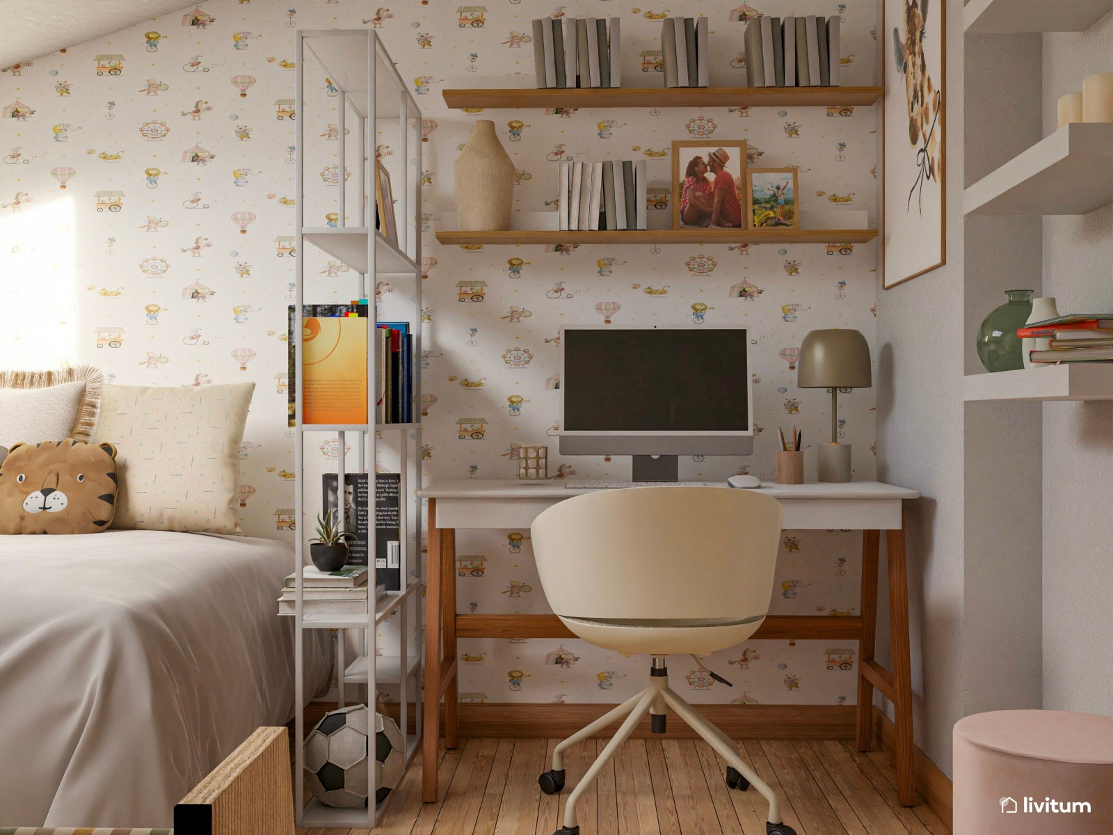 Habitación infantil con techo abuhardillado y zona de escritorio