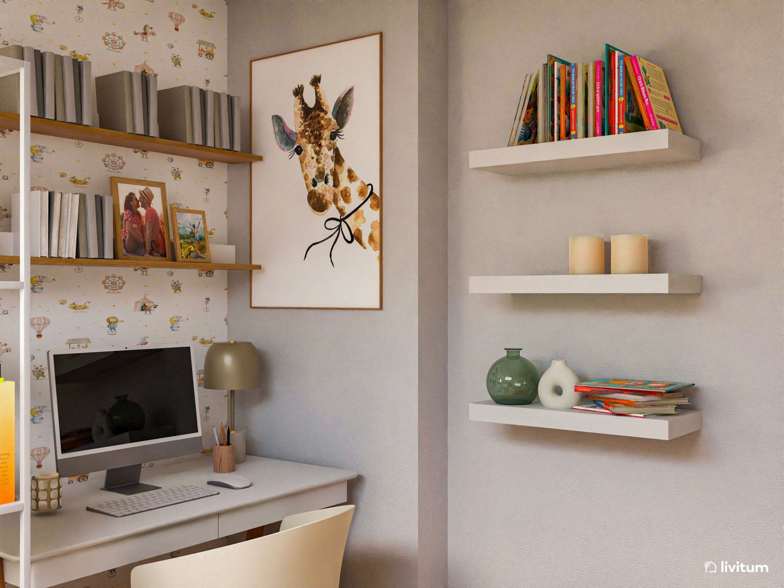 Habitación infantil con techo abuhardillado y zona de escritorio