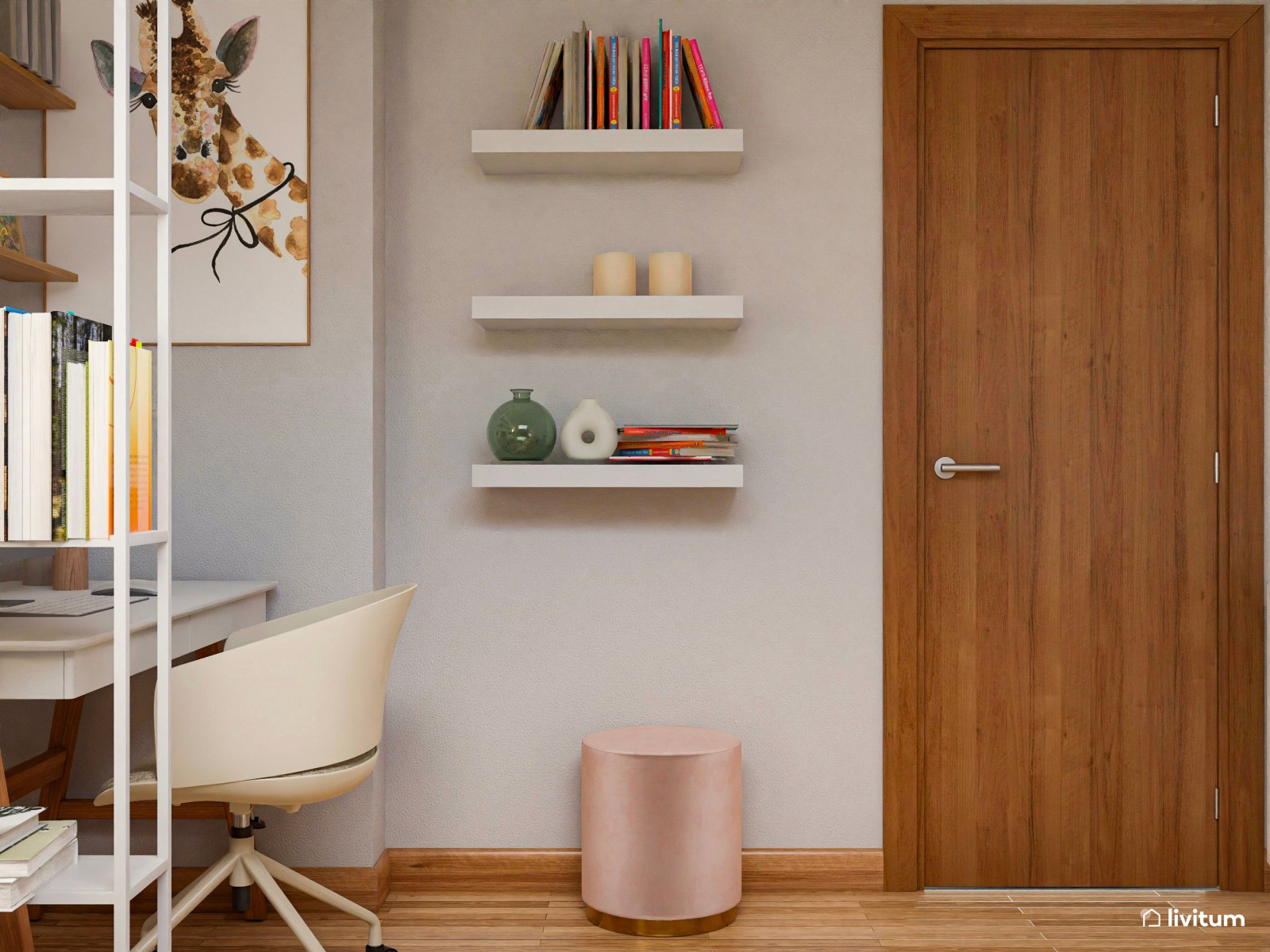 Habitación infantil con techo abuhardillado y zona de escritorio