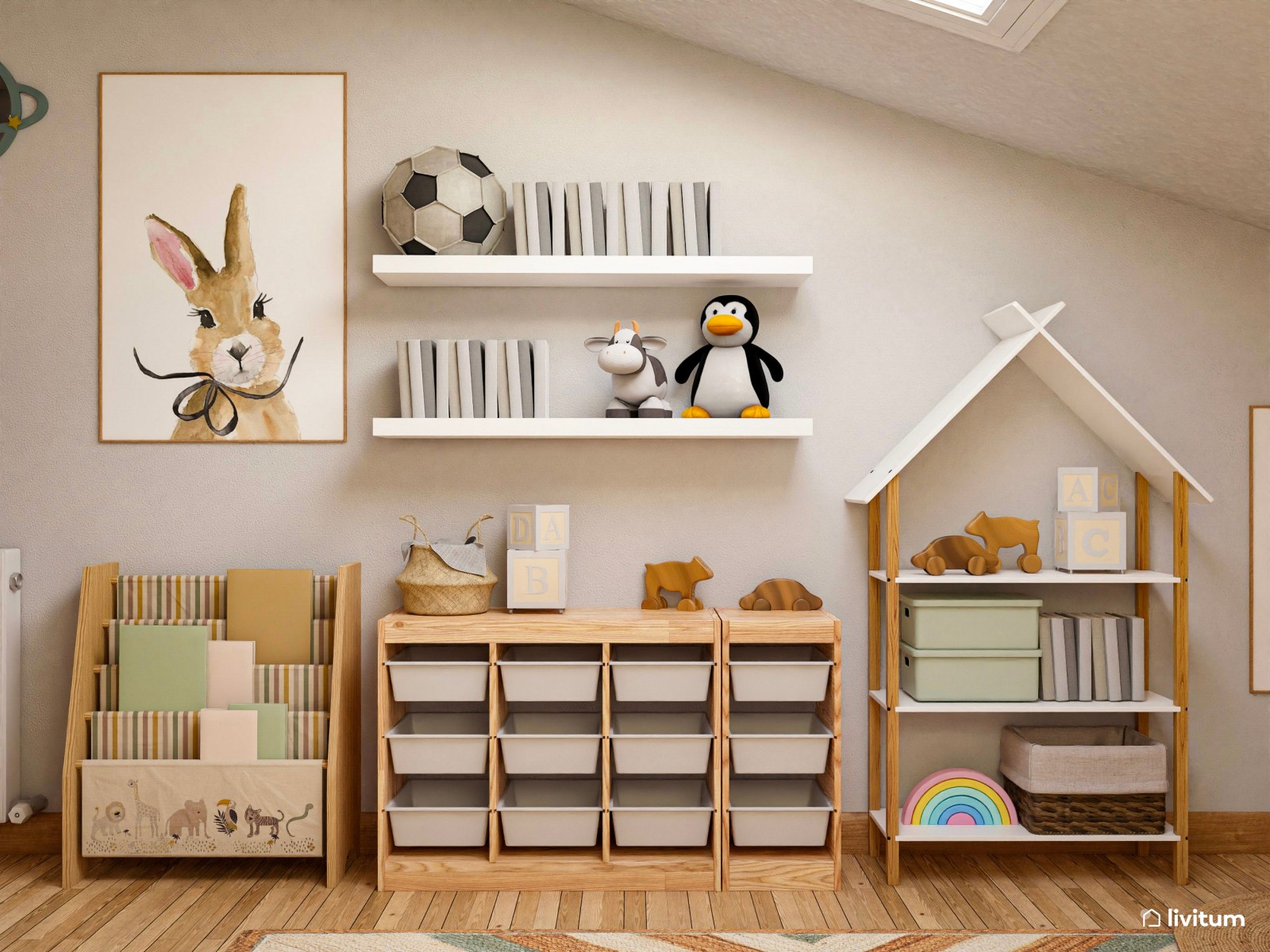 Habitación infantil con techo abuhardillado y zona de escritorio