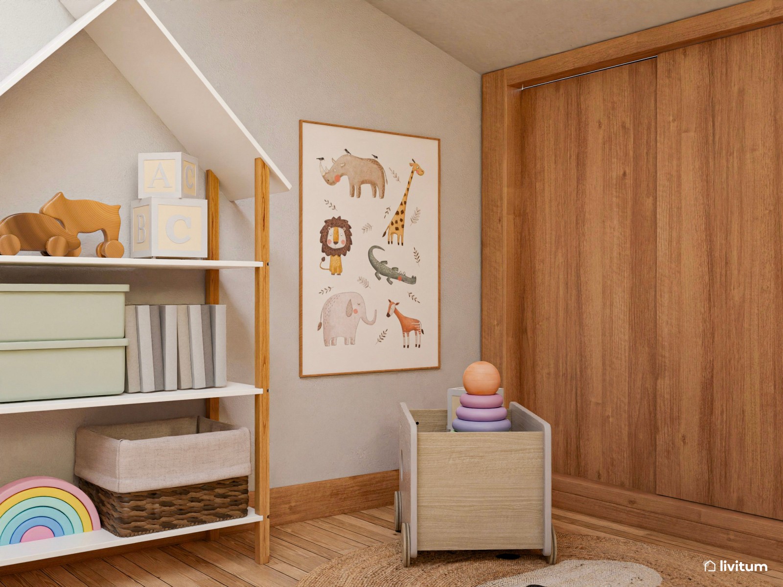 Habitación infantil con techo abuhardillado y zona de escritorio