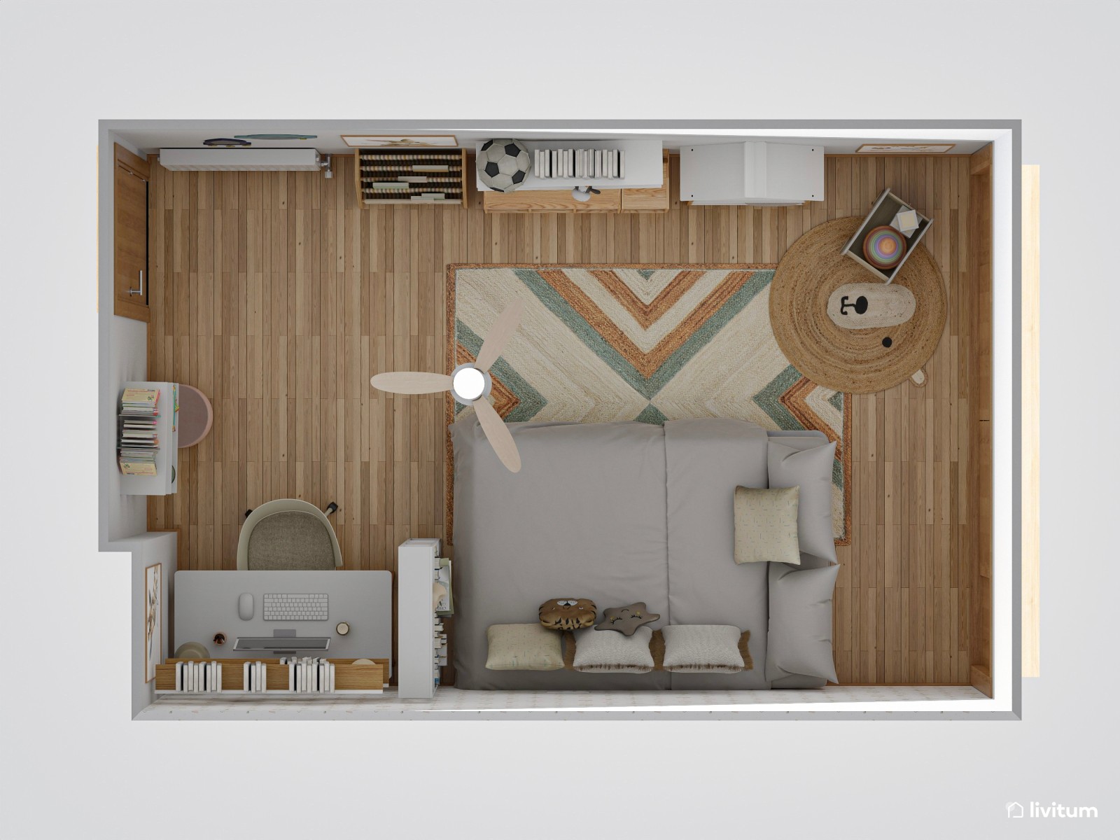 Habitación infantil con techo abuhardillado y zona de escritorio