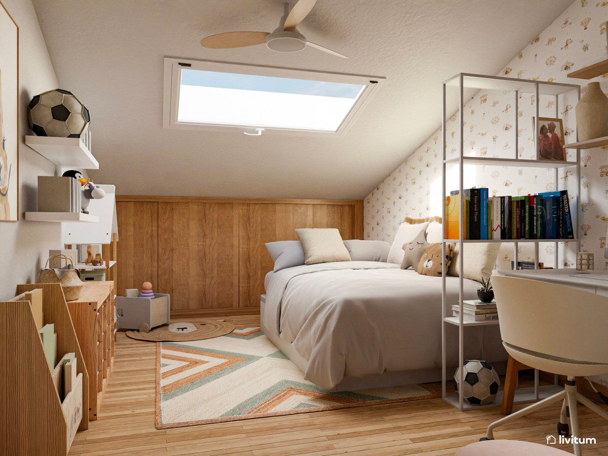 Habitación infantil con techo abuhardillado y zona de escritorio