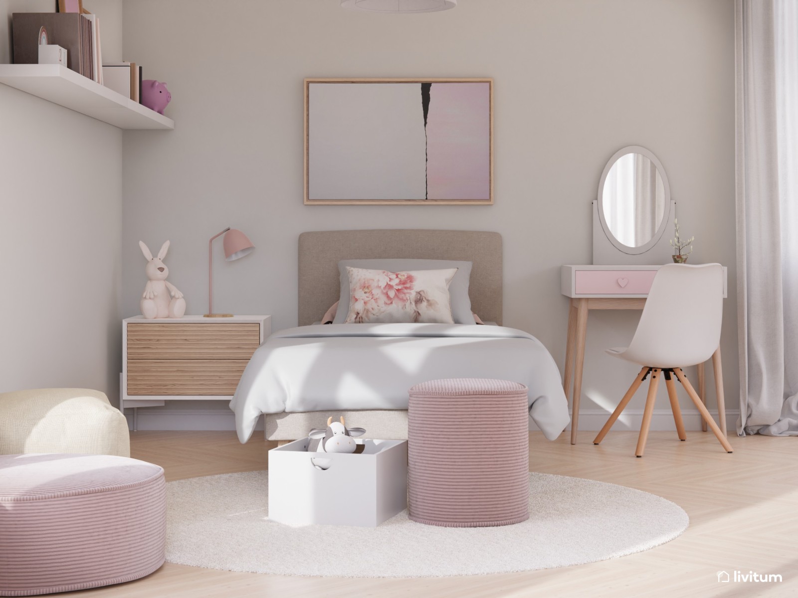 Habitación infantil con tocador blanco y rosa 