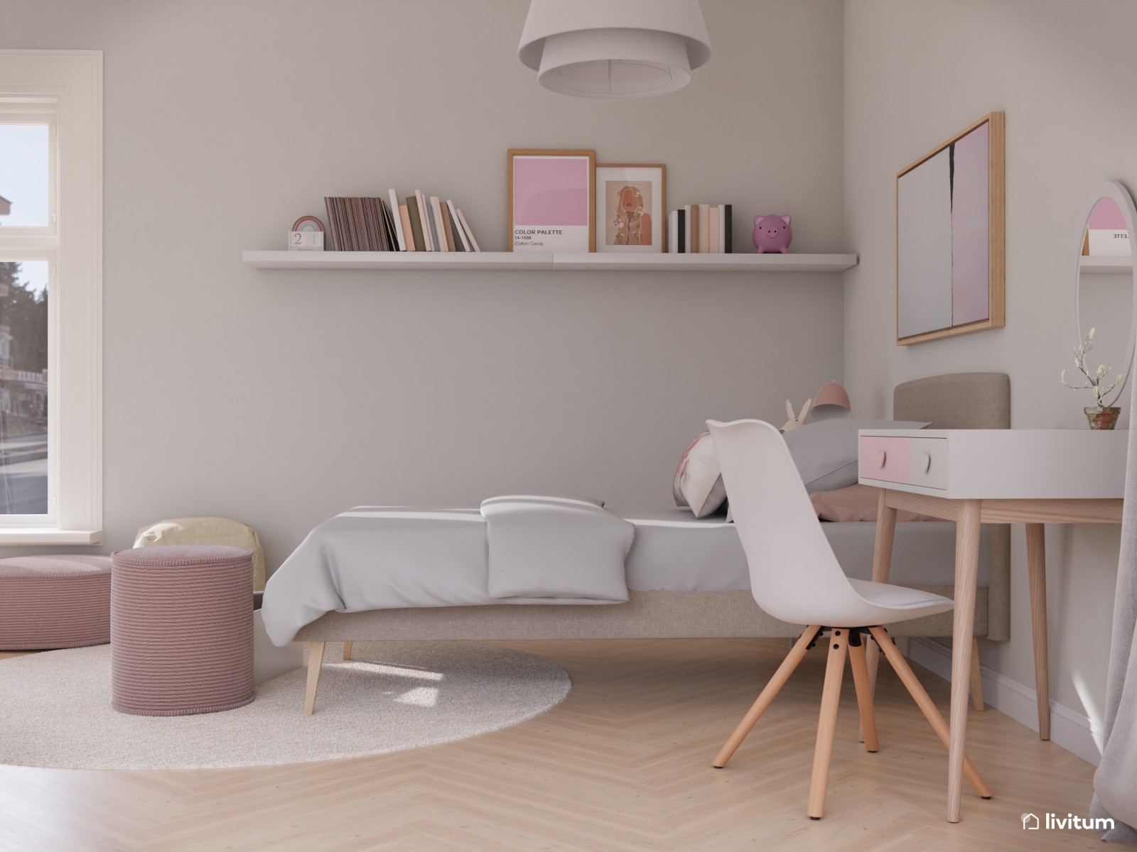 Habitación infantil con tocador blanco y rosa 