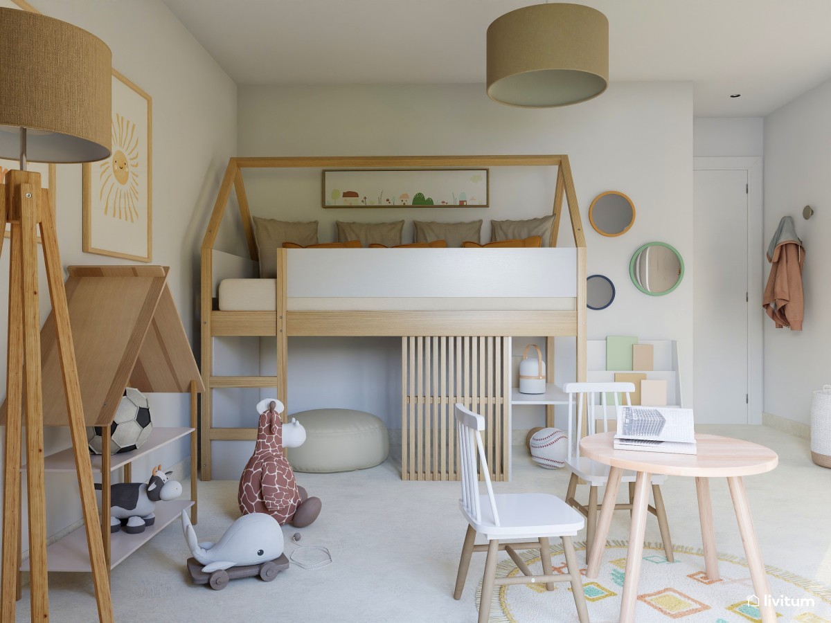 Habitación infantil con una original cama cabaña