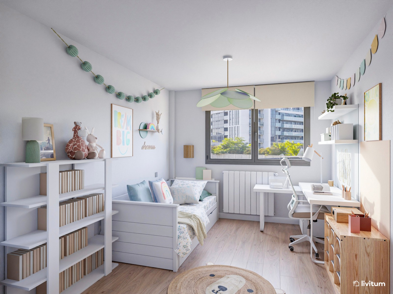 Habitación infantil con zona de escritorio y sillón colgante con detalles en verde