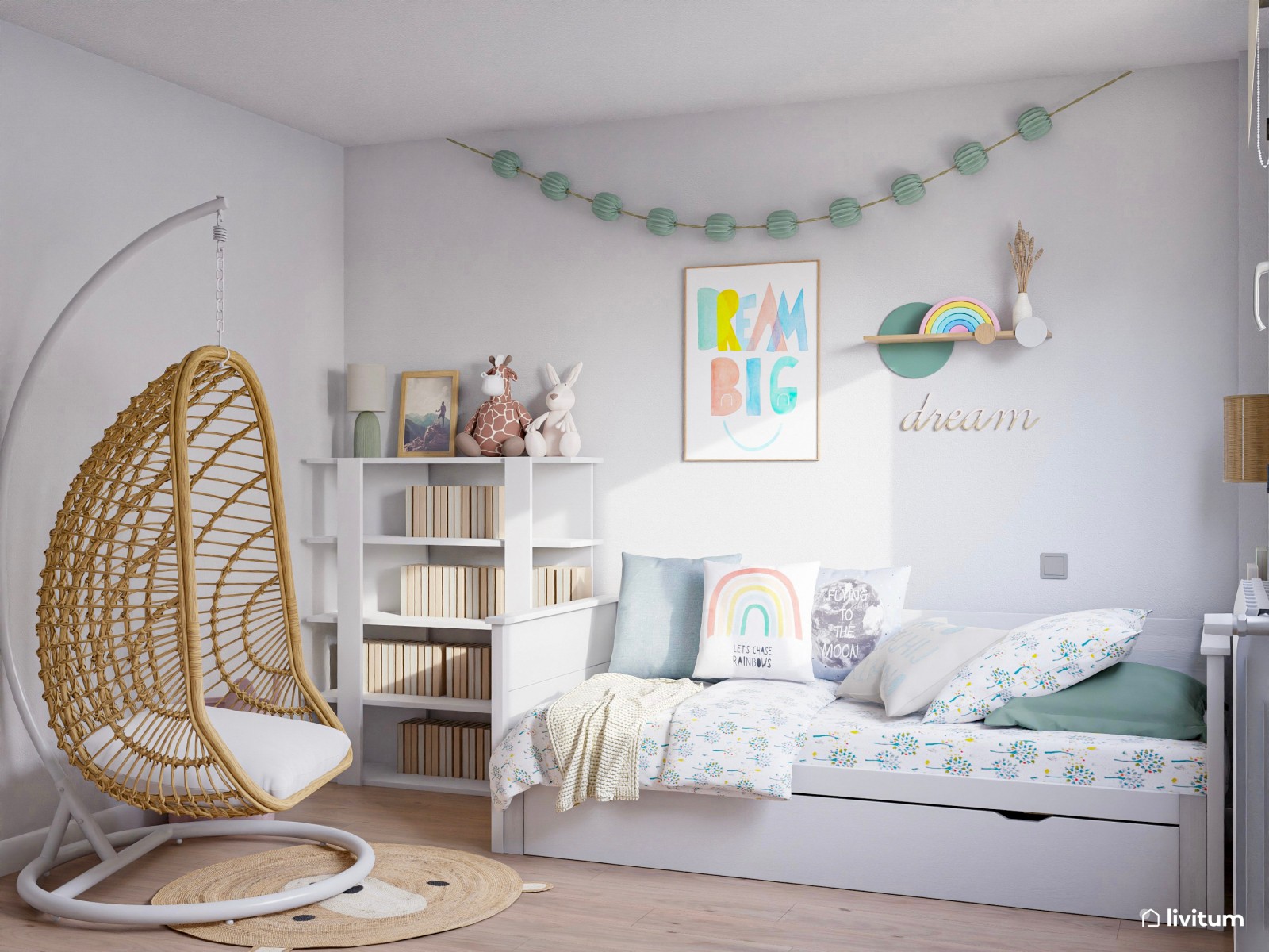 Habitación infantil con zona de escritorio y sillón colgante con detalles en verde