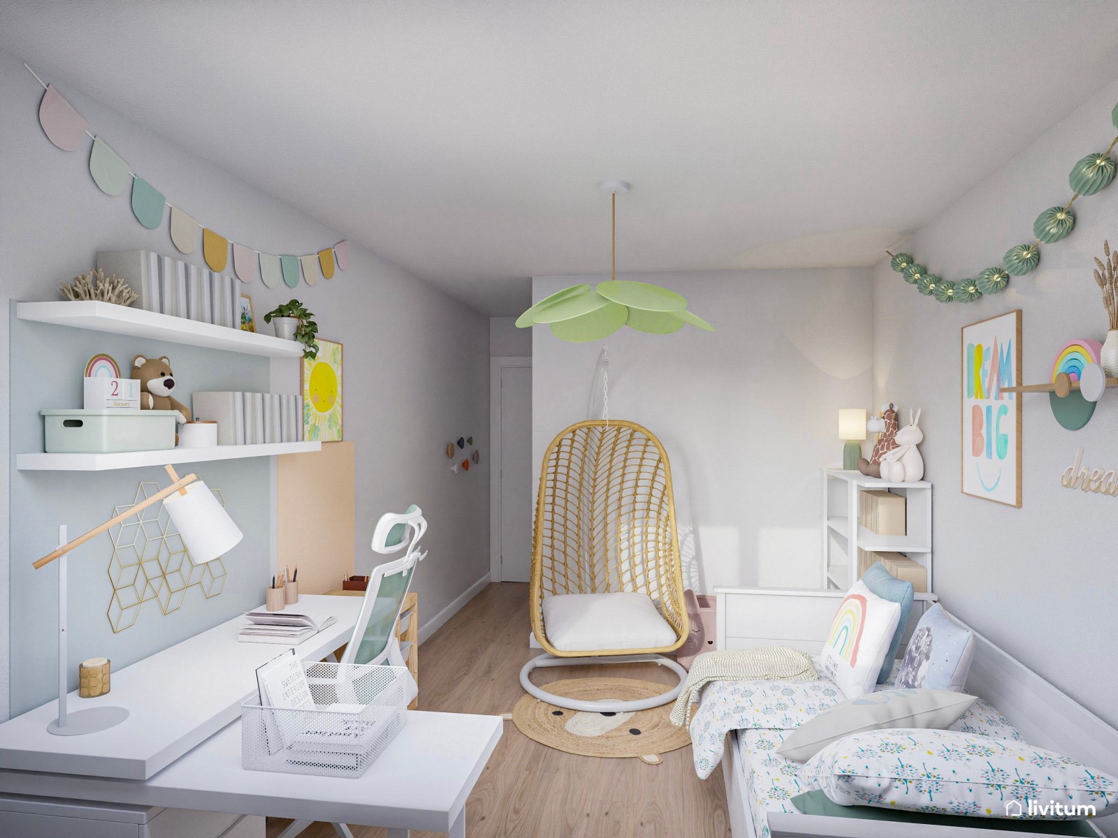 Habitación infantil con zona de escritorio y sillón colgante con detalles en verde