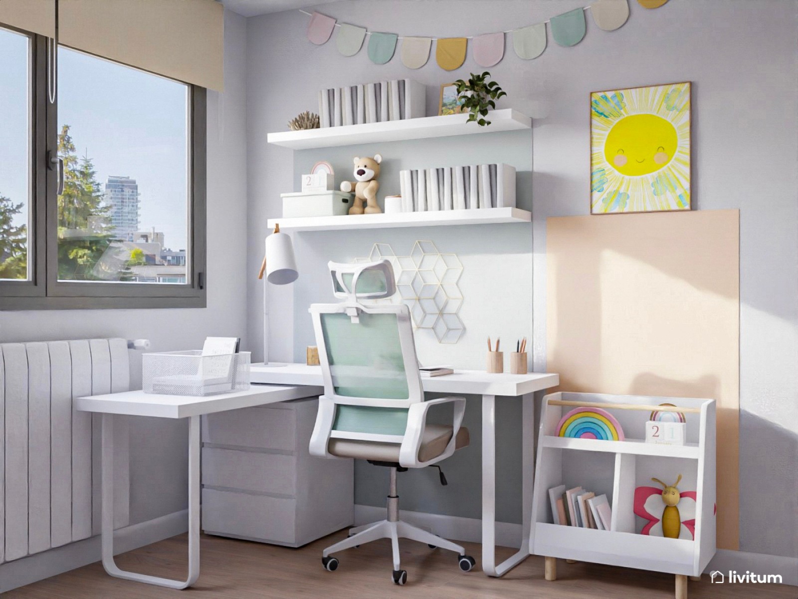 Habitación infantil con zona de escritorio y sillón colgante con detalles en verde