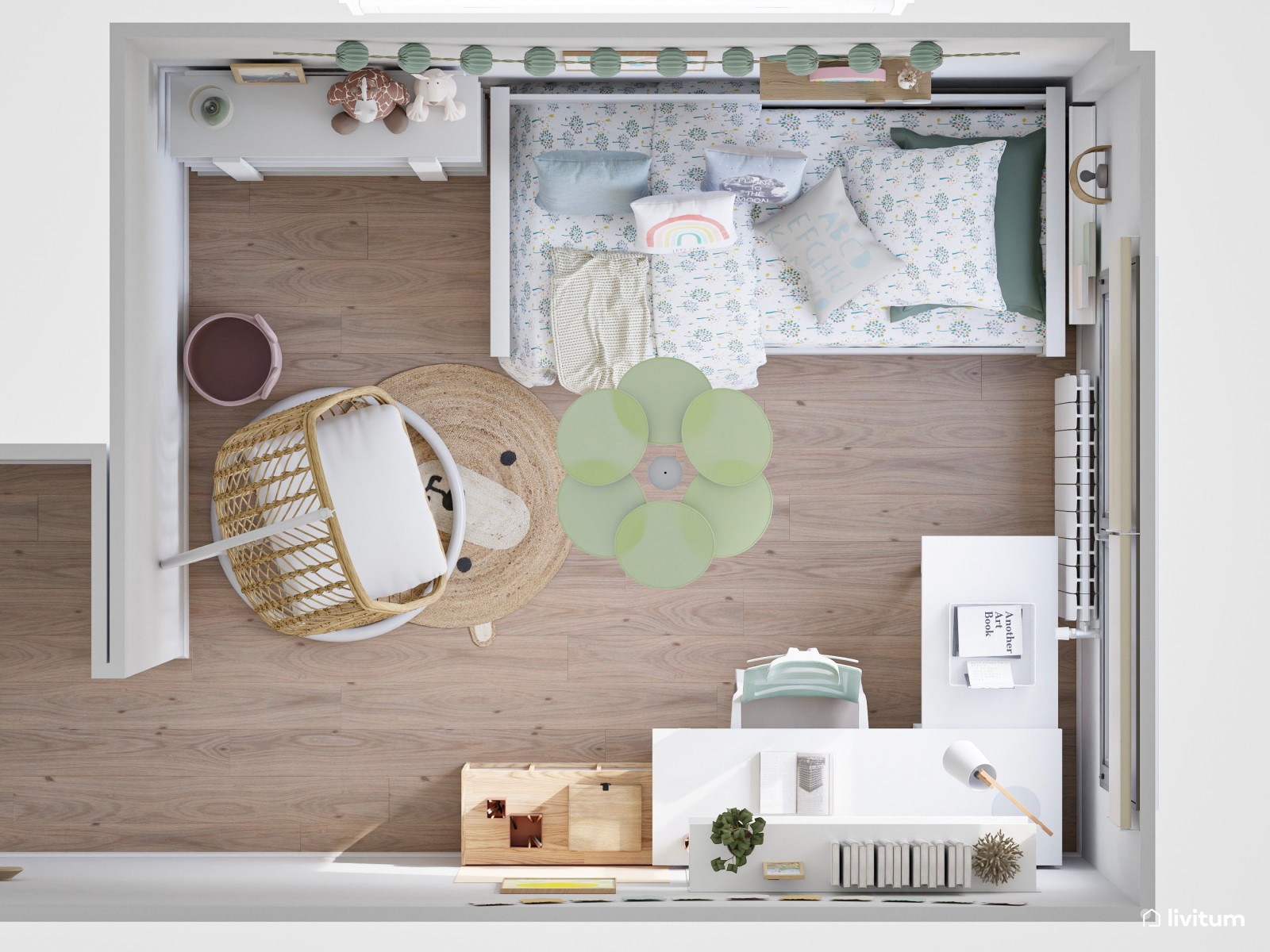 Habitación infantil con zona de escritorio y sillón colgante con detalles en verde