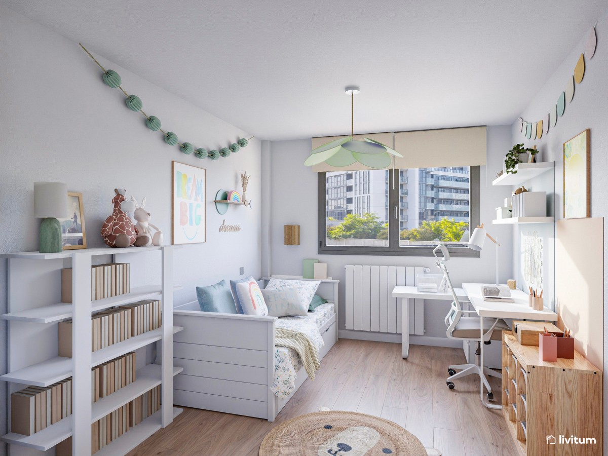 Habitación infantil con zona de escritorio y sillón colgante con detalles en verde
