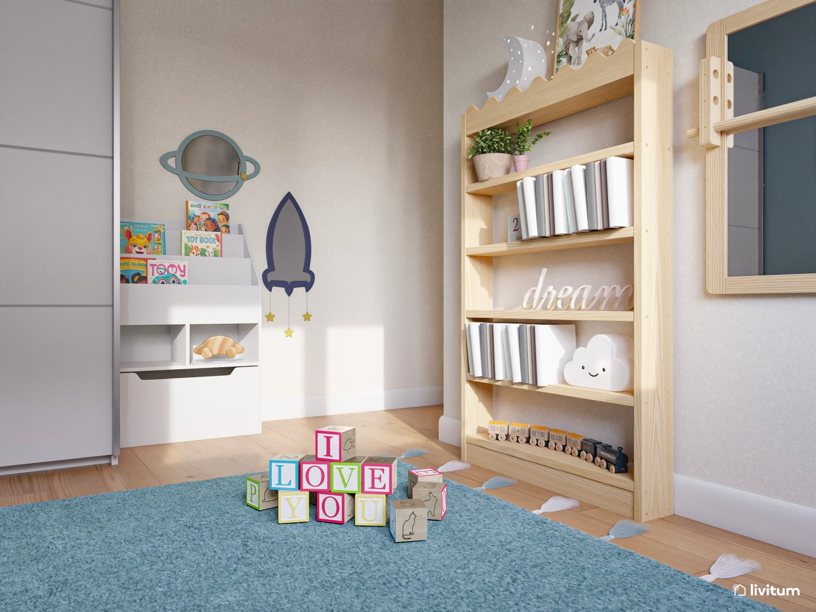 Habitación infantil con zona de juegos en azul