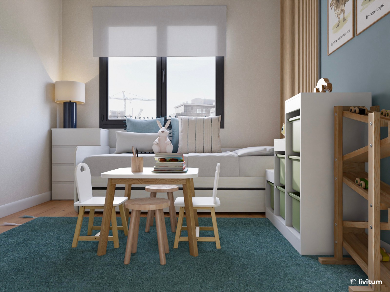 Habitación infantil con zona de juegos en azul