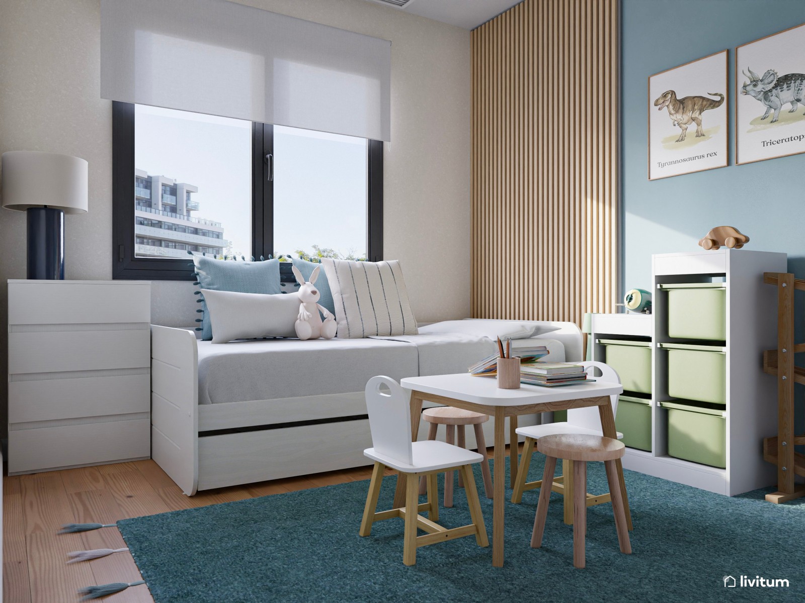 Habitación infantil con zona de juegos en azul