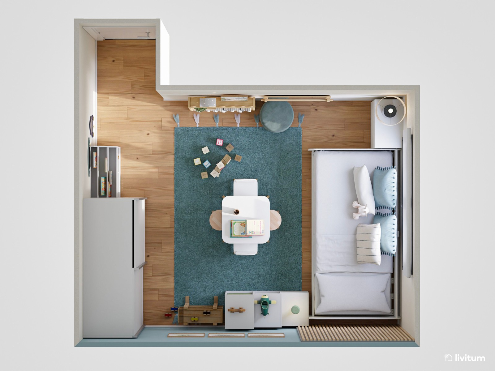 Habitación infantil con zona de juegos en azul