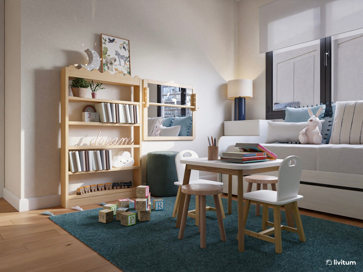 Habitación infantil con zona de juegos en azul
