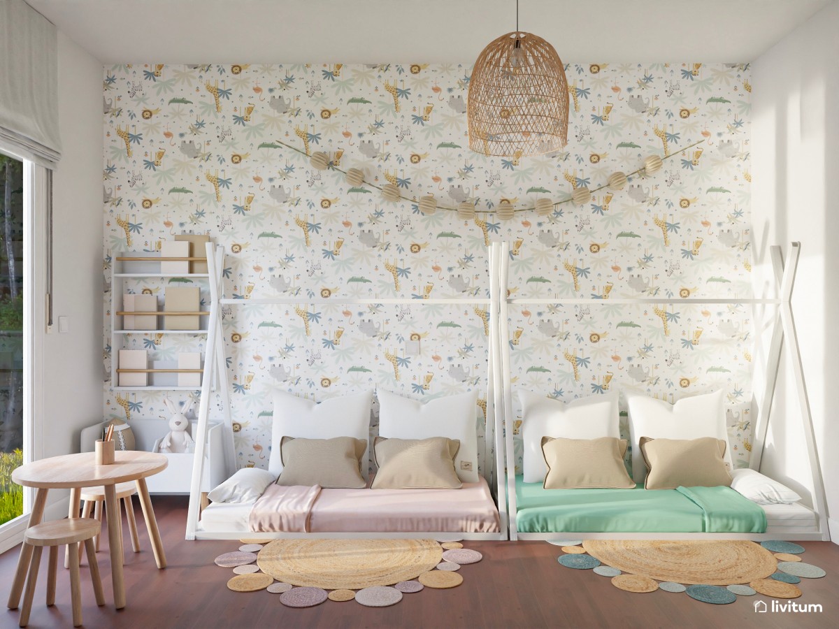 Habitación infantil doble con camas tipi y zona de juego