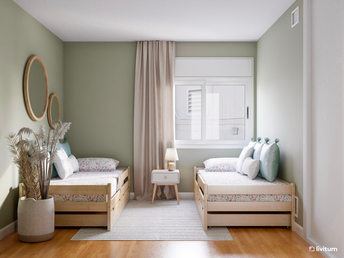 Habitación infantil doble en tono verde pastel suave
