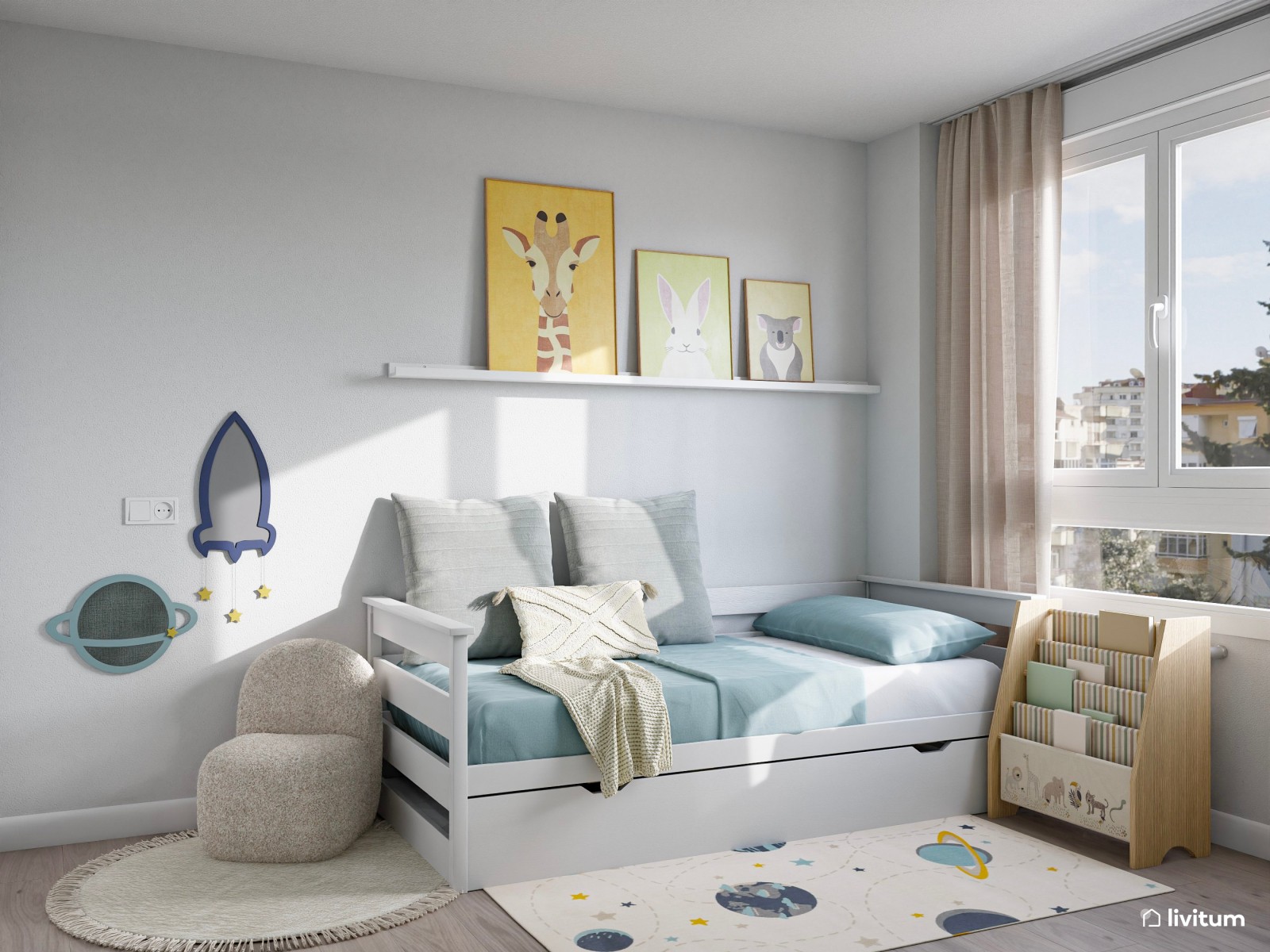 Habitación infantil en azul cielo y blanco, con cama nido y escritorio