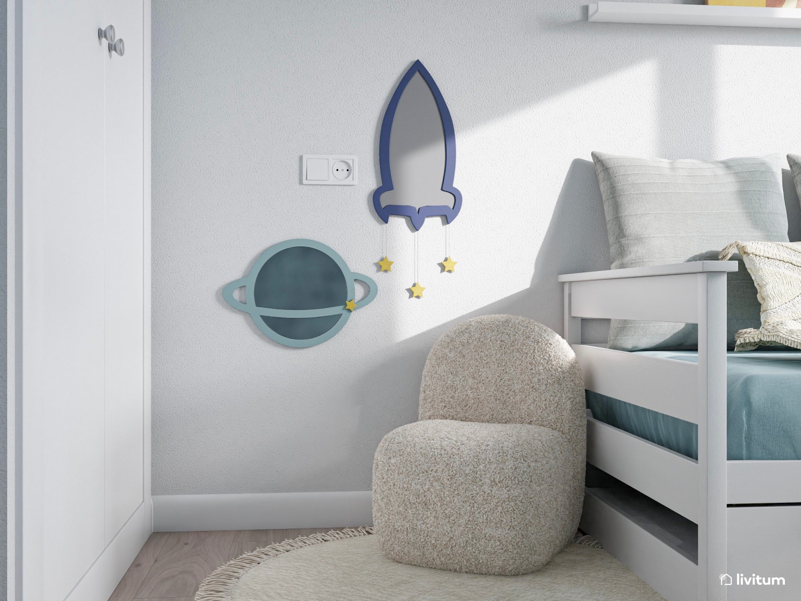 Habitación infantil en azul cielo y blanco, con cama nido y escritorio