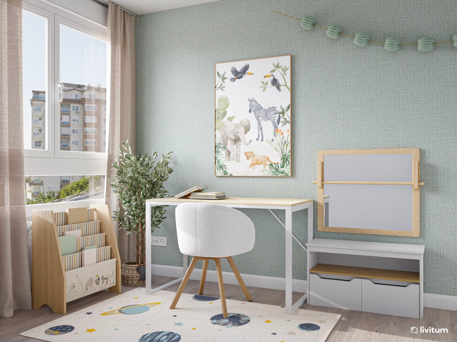 Habitación infantil en azul cielo y blanco, con cama nido y escritorio