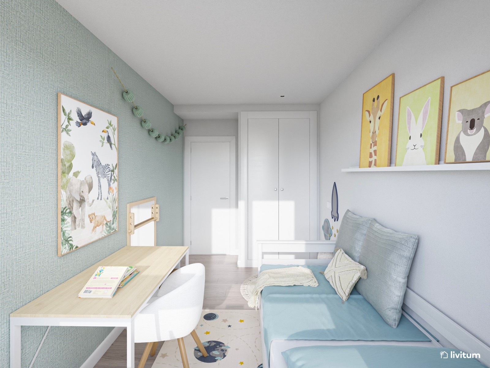 Habitación infantil en azul cielo y blanco, con cama nido y escritorio