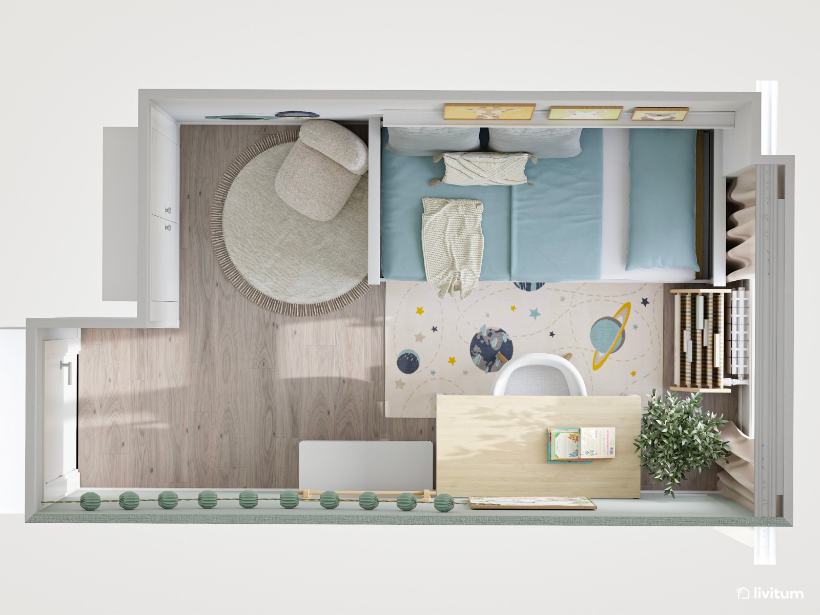 Habitación infantil en azul cielo y blanco, con cama nido y escritorio