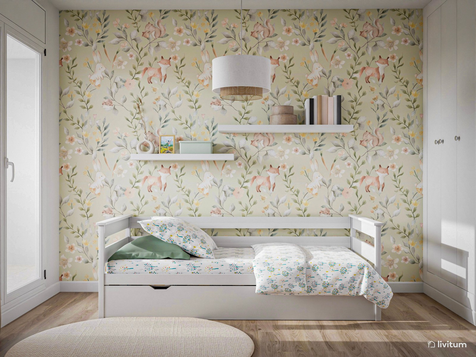 Habitación infantil en blanco y papel pintado de colores 