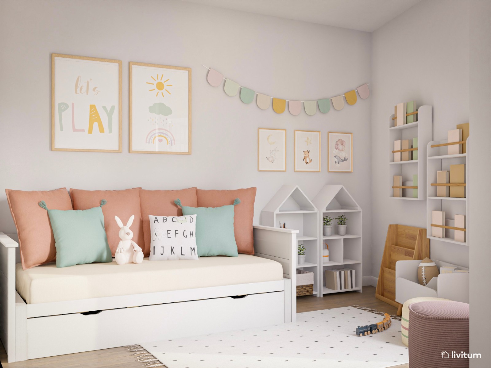 Habitación infantil en blanco y rosa con cama nido 