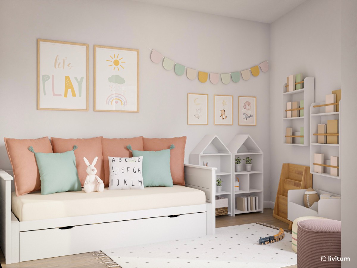 Habitación infantil en blanco y rosa con cama nido
