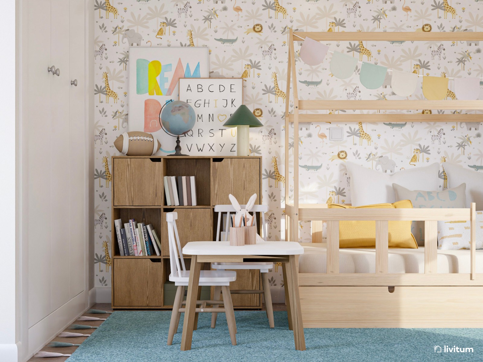 Habitación infantil en celeste y amarillo con muebles de madera