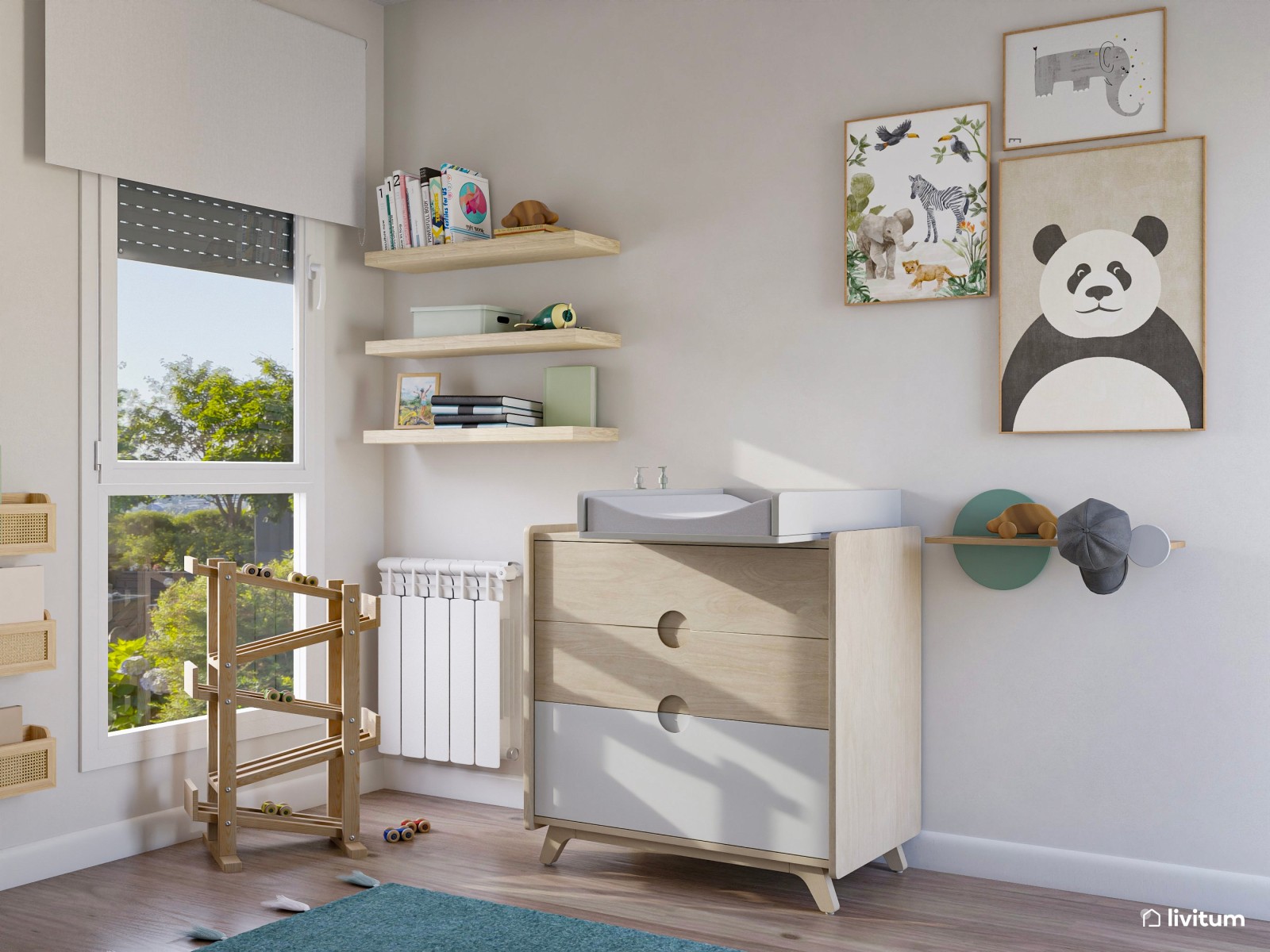 Habitación infantil en celeste y amarillo con muebles de madera