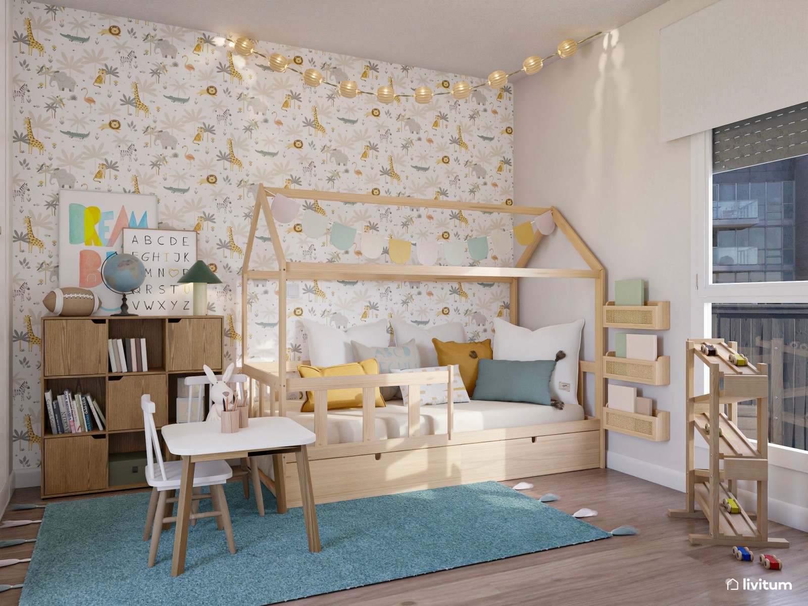 Habitación infantil en celeste y amarillo con muebles de madera